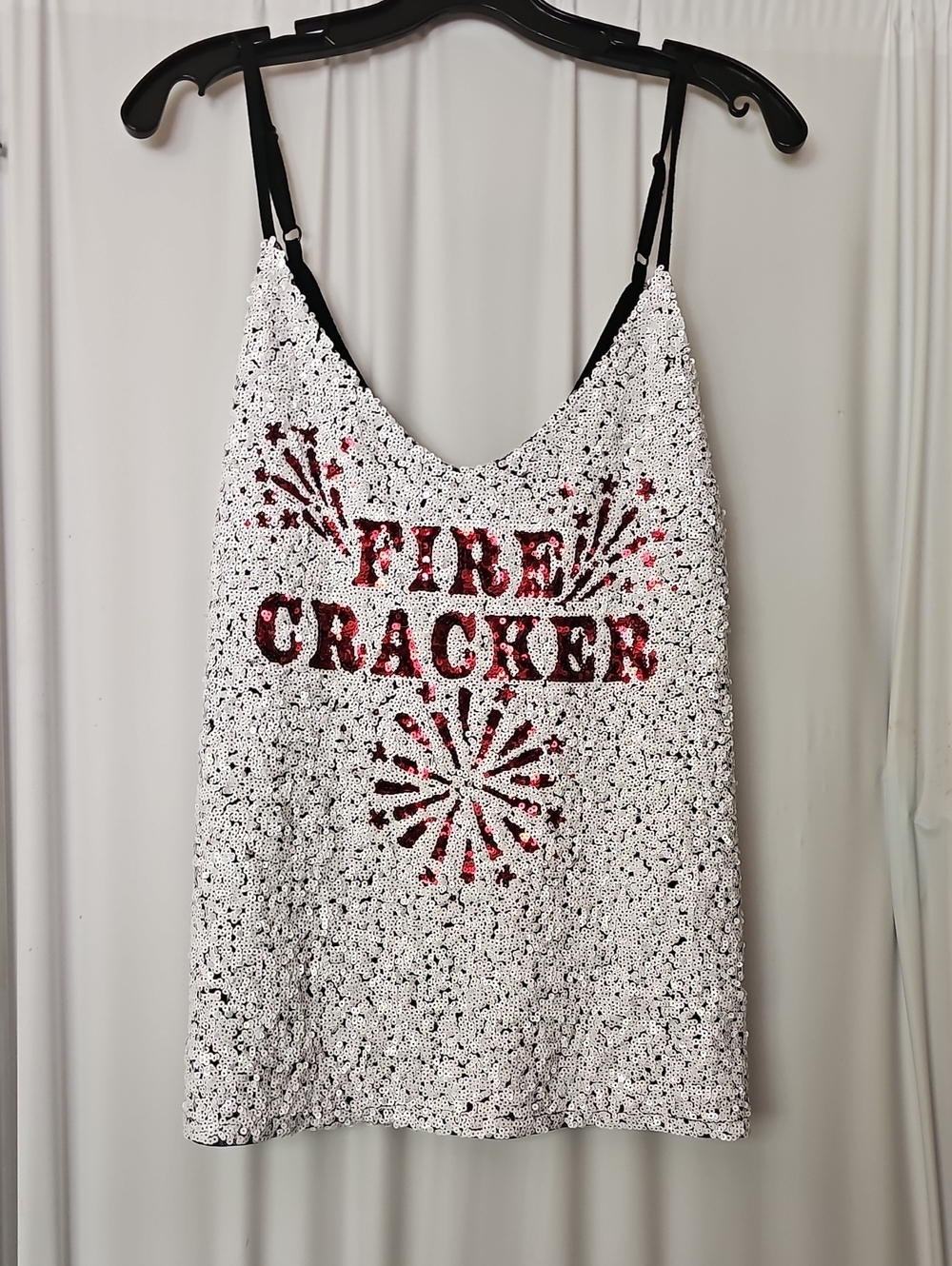 Third Wish Womens Sequin 'Fire Cracker' Tank Top - Patriotic White & Red Large